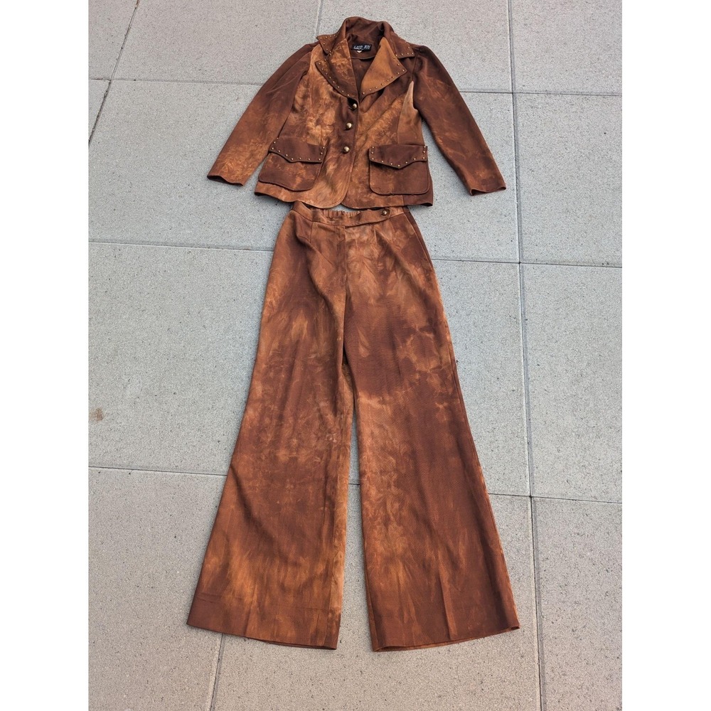 Vintage Hippie Rocker Suit Womens S Brown Tie Dye Studded Western 2 Piece 70s